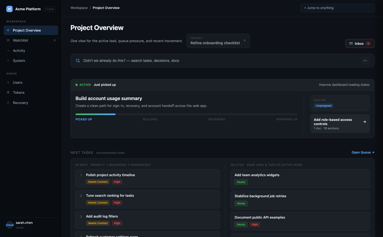 SessionVault project overview dashboard showing active tasks, next tasks queue, and team activity